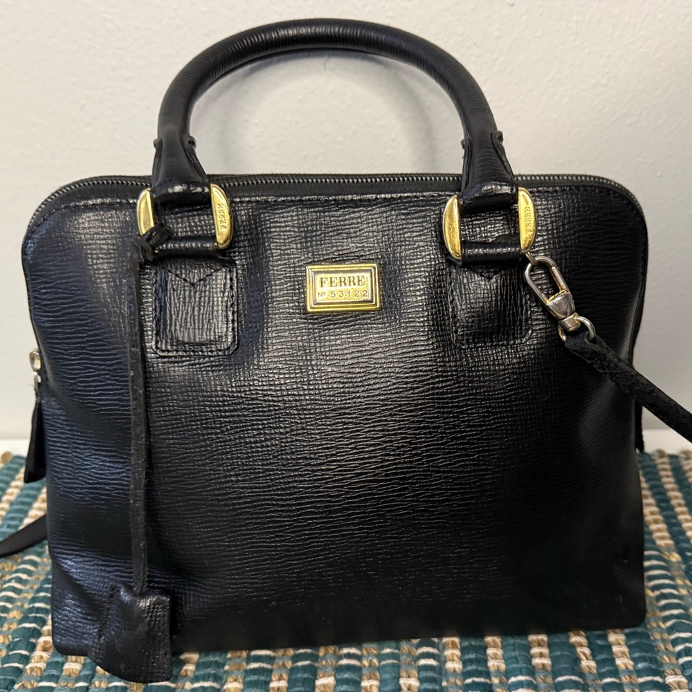 Gianfranco Ferre Black Leather Satchel with Gold Accents